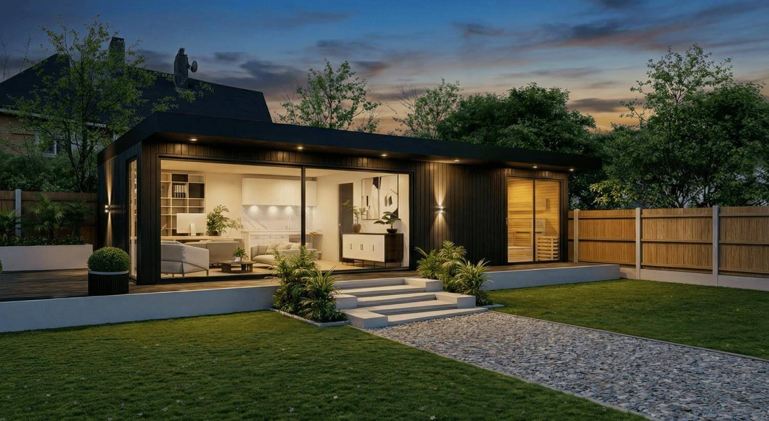 Luxury garden room at dusk with warm lighting